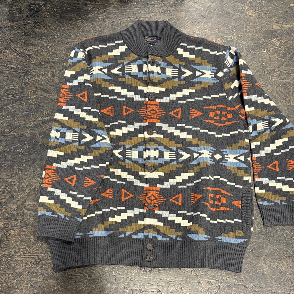 Pendleton Men's Geometric Button-Up Cardigan - Gray, Orange, Blue, Cream, Brown